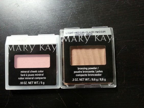 This is the Mary Kay Mineral Cheek Color in Shy Blush and the Mary Kay Bronzing Powder. These two products go hand in hand with one another. These by far are my favorite products from the box. Together they remind me of Nars Laguna Bronzer and blush set. They are very pigmented and are perfect for a pretty flush pink and sun-kissed contour. 